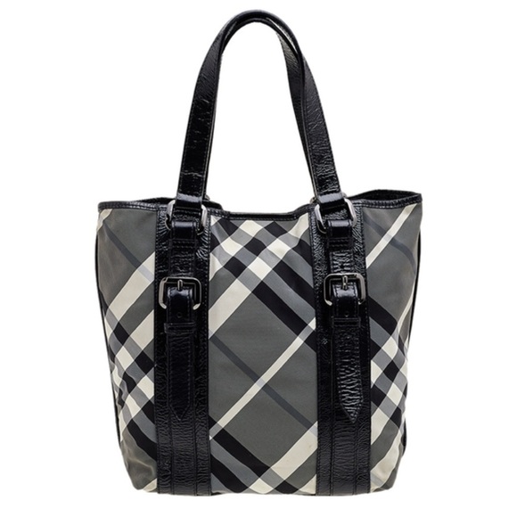 BURBERRY Black Beat Check Nylon And Patent Leather Lowry Tote - Picture 2 of 14
